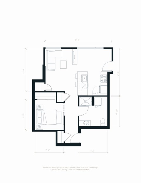 Floor plan for 1 bed, 1 bath, 647 sqft